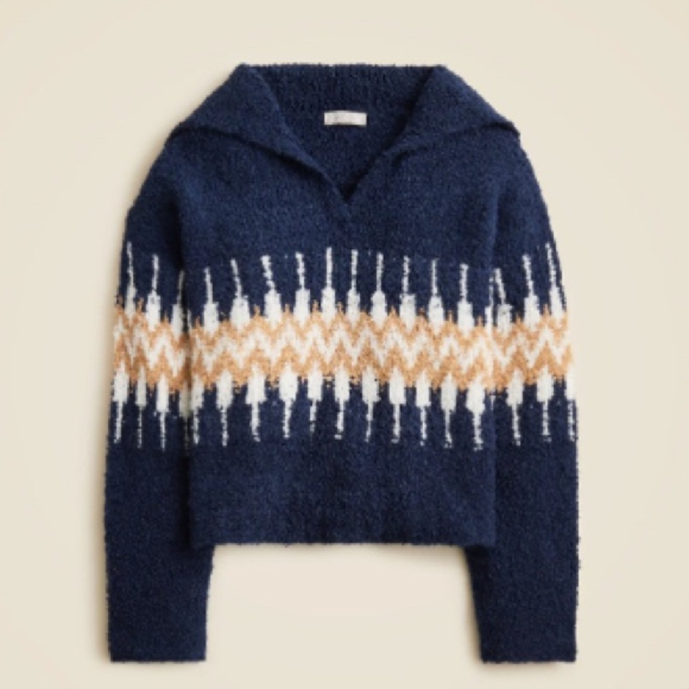 NWT J CREW Size M Navy Fair Isle johnny collar sweater in boucle acute